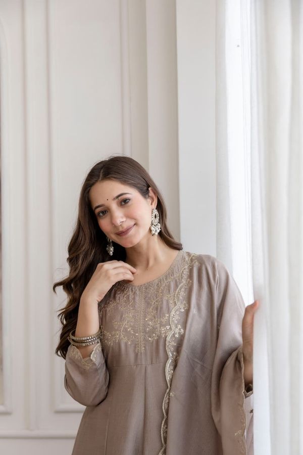 Taupe Beige Embroidered Vichitra Silk Kurta Set Online
