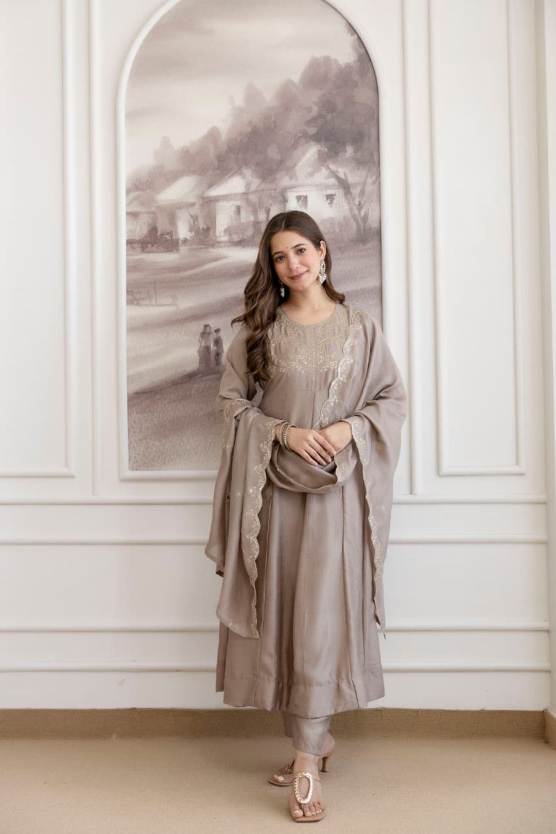 Taupe Beige Embroidered Vichitra Silk Kurta Set Online