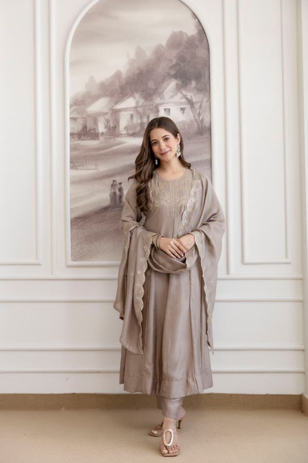 Taupe Beige Embroidered Vichitra Silk Kurta Set Online