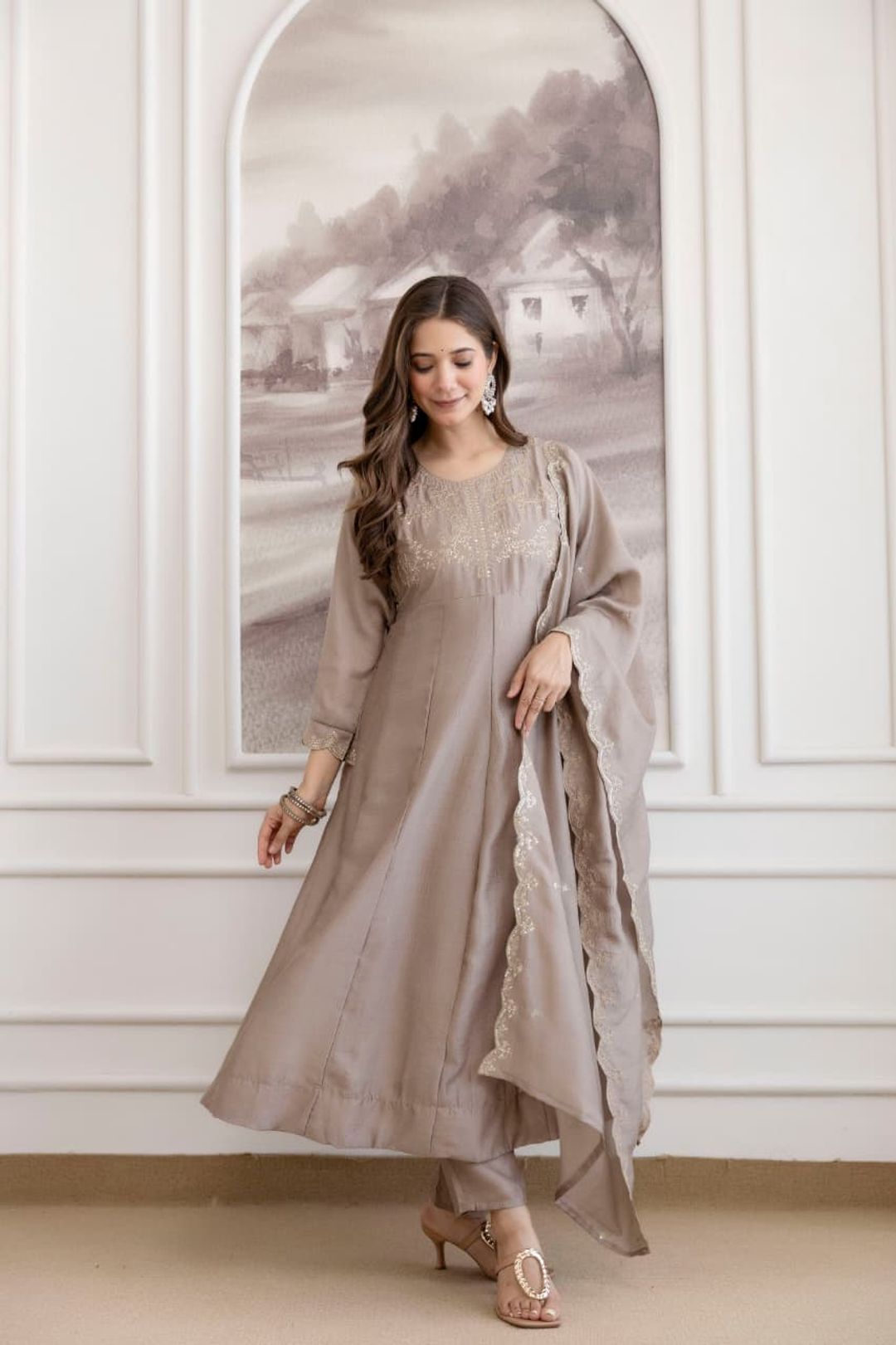 Taupe Beige Embroidered Vichitra Silk Kurta Set Online