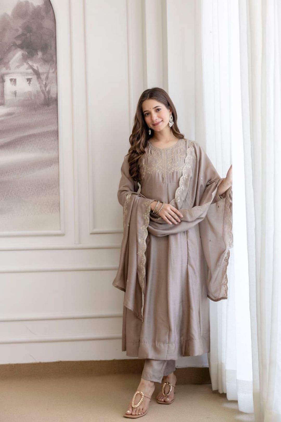 Taupe Beige Embroidered Vichitra Silk Kurta Set Online