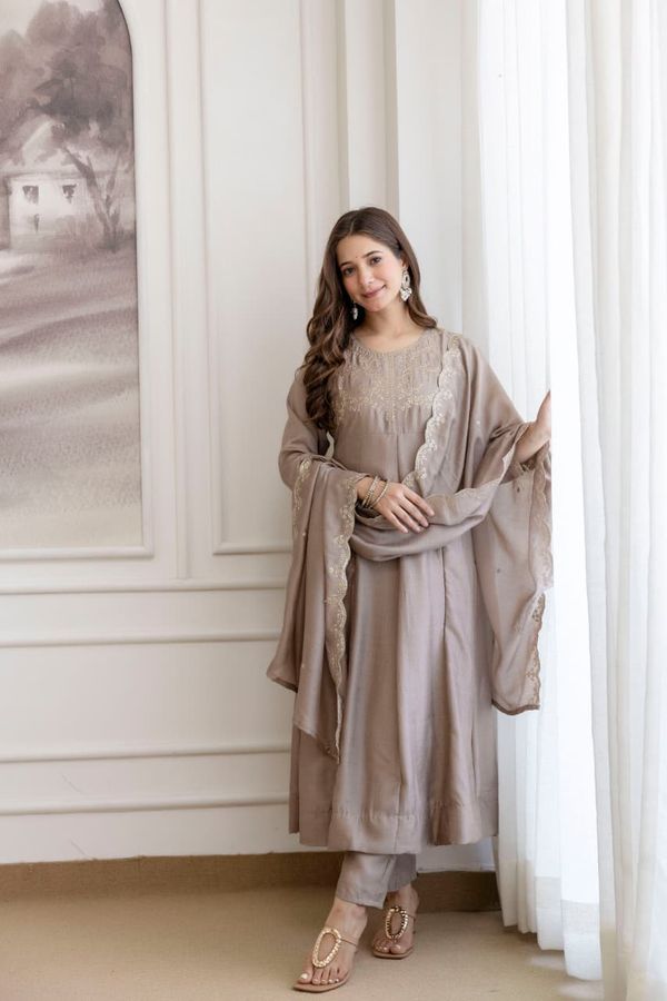 Taupe Beige Embroidered Vichitra Silk Kurta Set Online