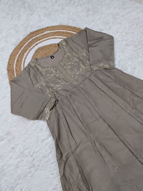 Taupe Beige Embroidered Vichitra Silk Kurta Set Online
