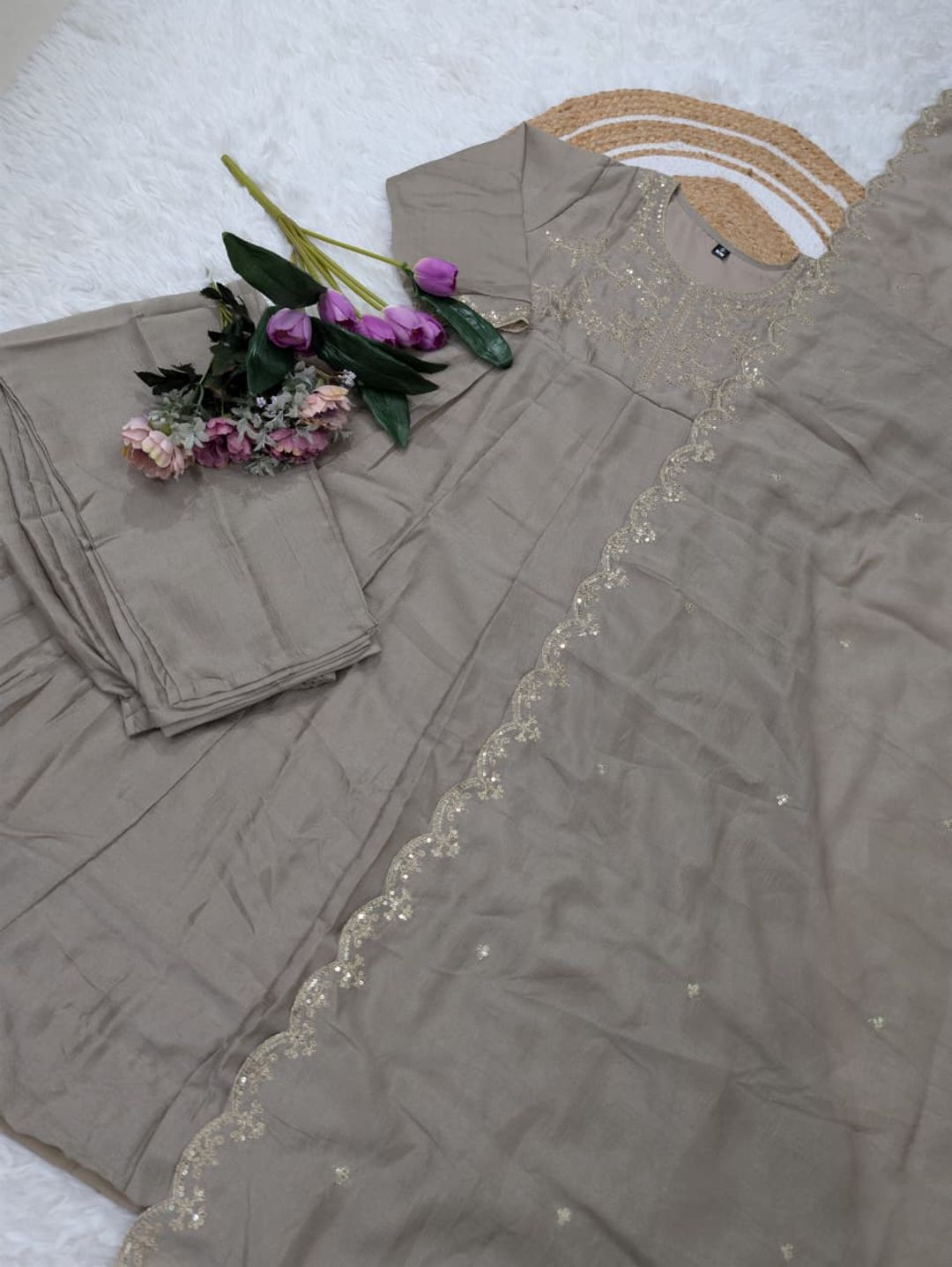 Taupe Beige Embroidered Vichitra Silk Kurta Set Online