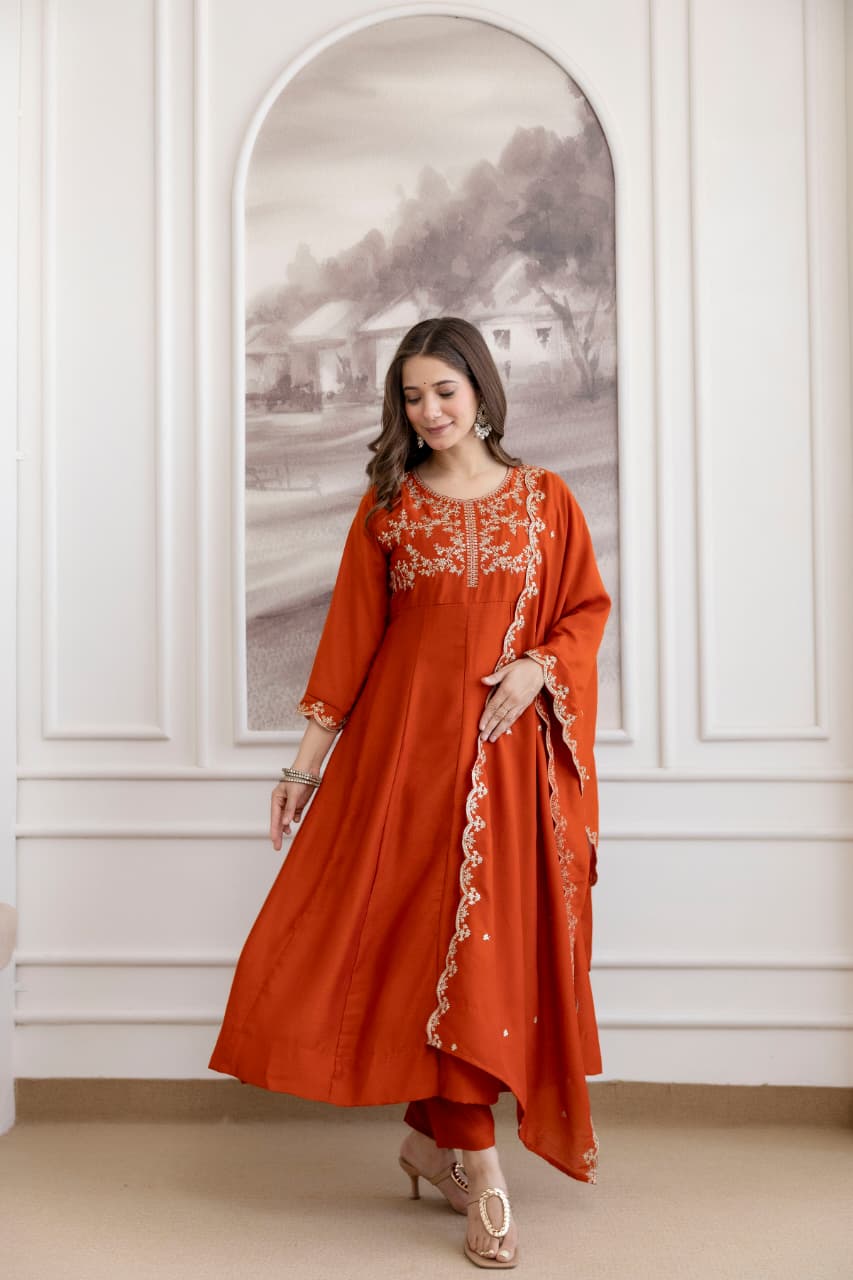 Embroidered red silk salwar suit