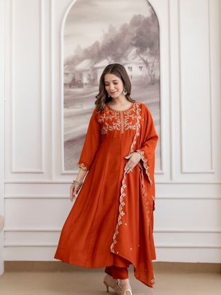 Rust Orange Embroidered Vichitra Silk Kurta Set Online