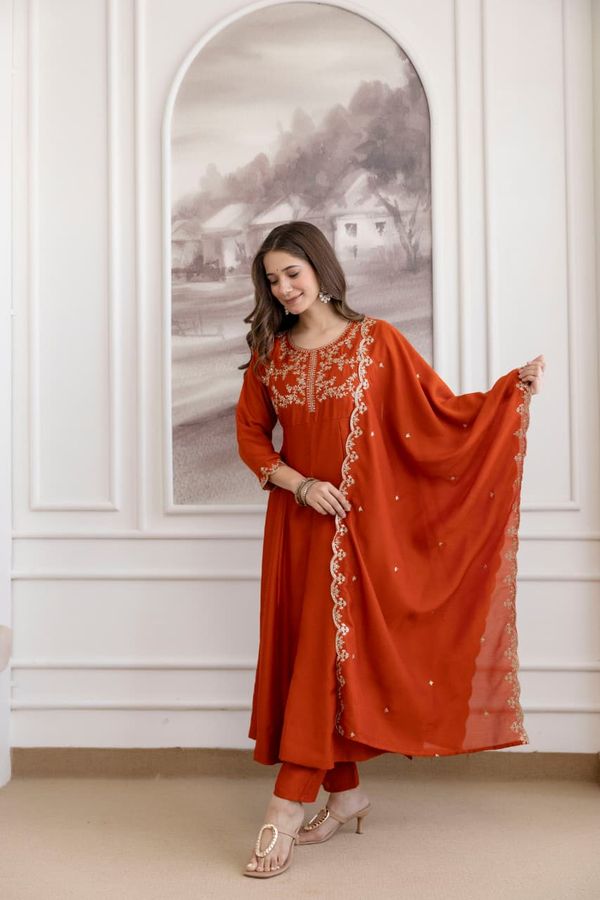 Rust Orange Embroidered Vichitra Silk Kurta Set Online