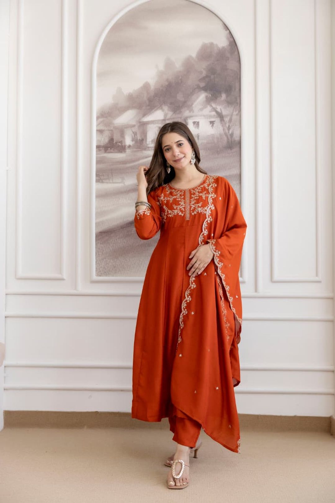 Rust Orange Embroidered Vichitra Silk Kurta Set Online