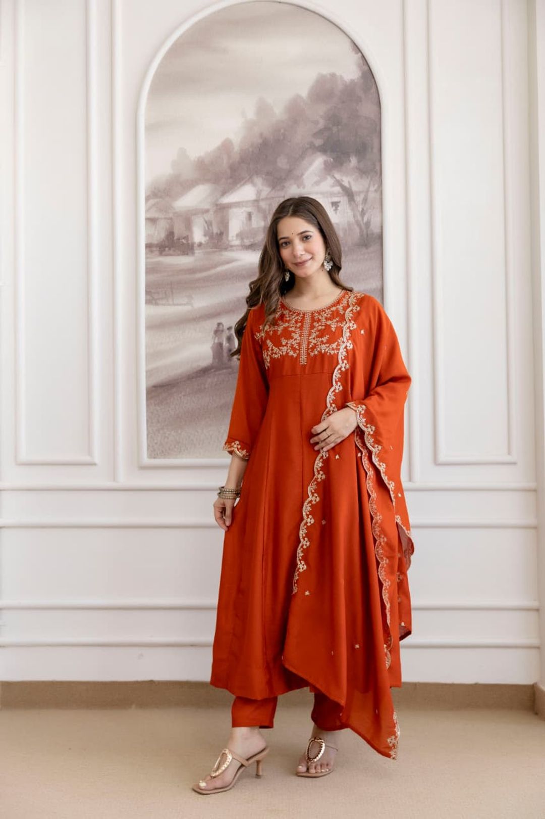 Rust Orange Embroidered Vichitra Silk Kurta Set Online