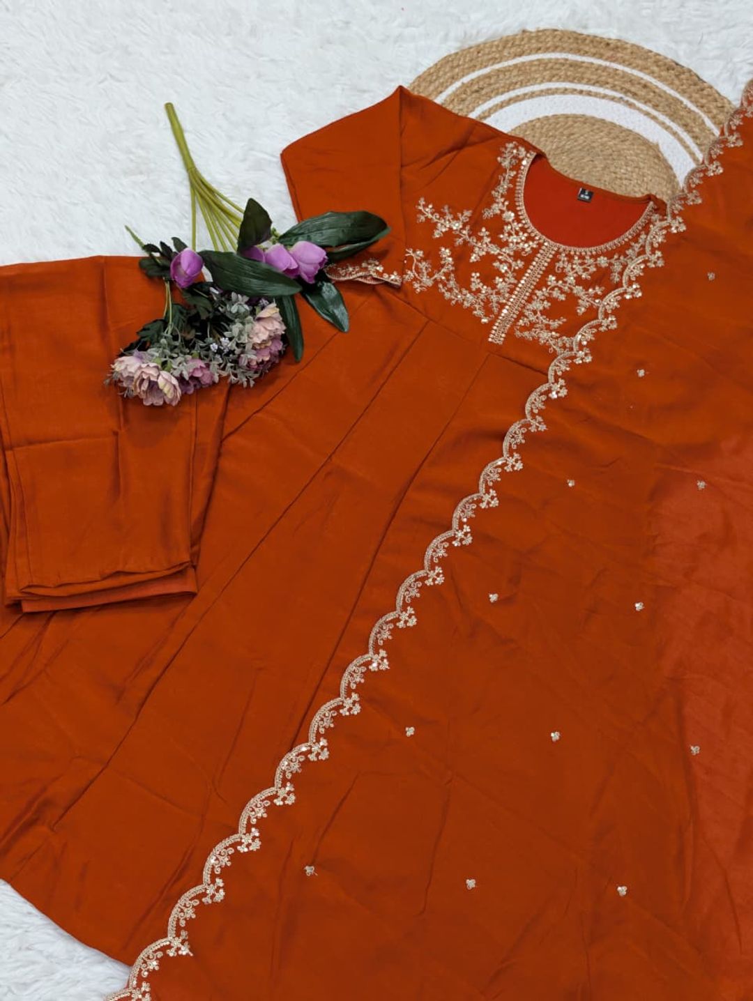 Rust Orange Embroidered Vichitra Silk Kurta Set Online