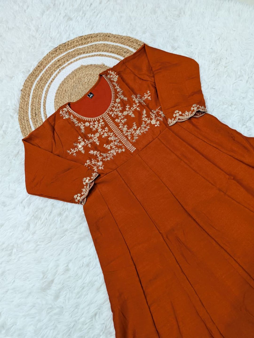 Rust Orange Embroidered Vichitra Silk Kurta Set Online