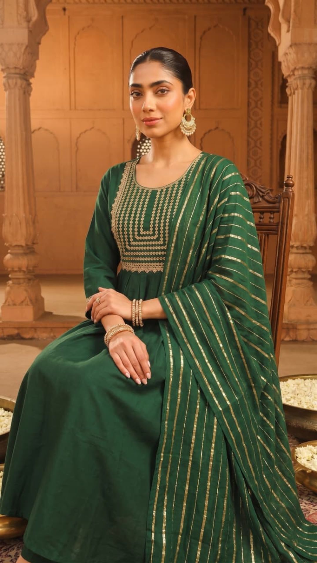 Emerald Green Embroidered Viscose Silk Kurti Set Online