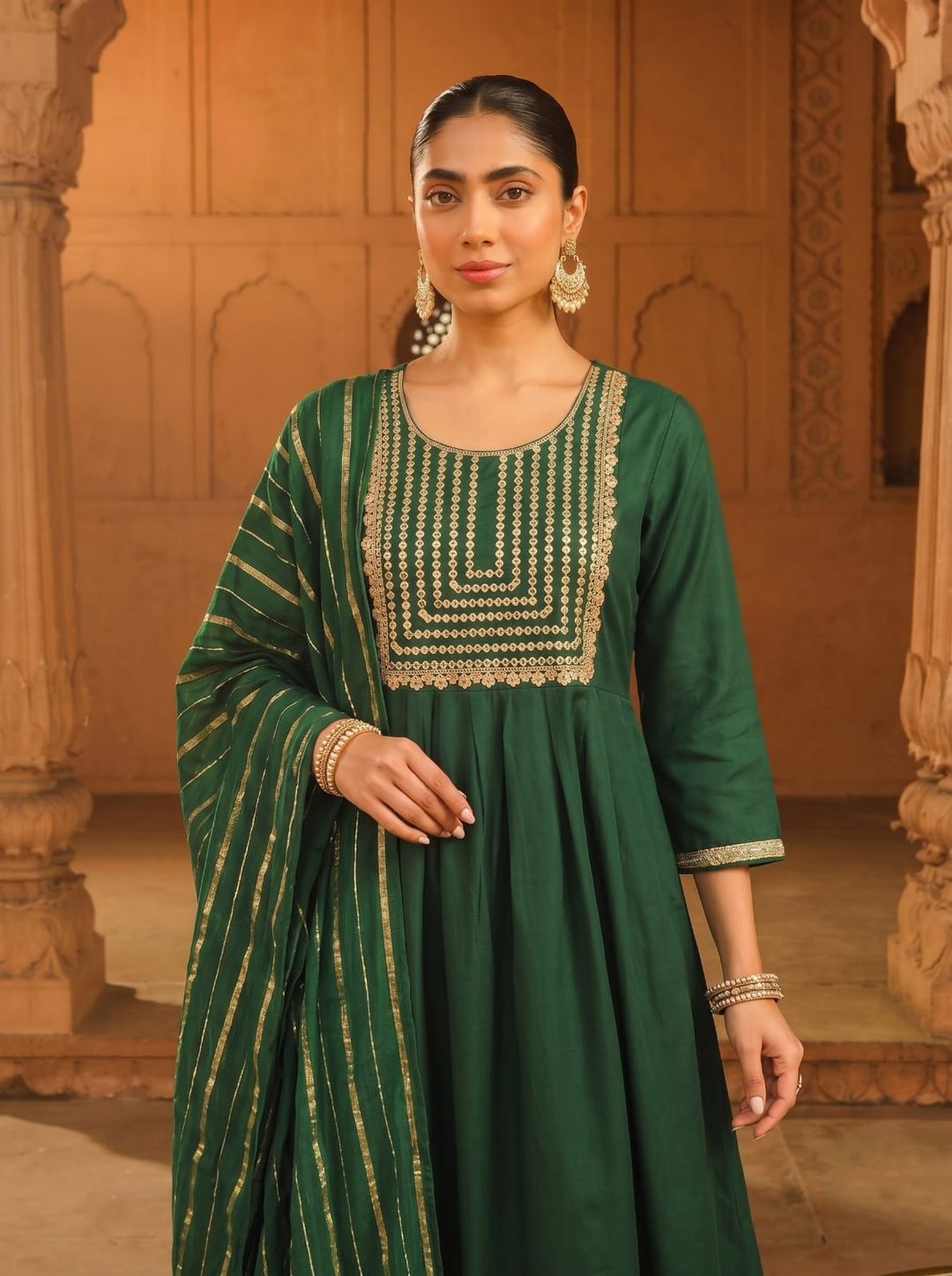 Emerald Green Embroidered Viscose Silk Kurti Set Online