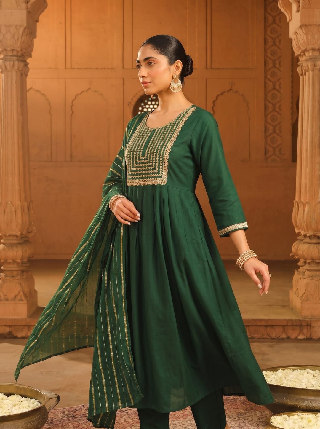 Emerald Green Embroidered Viscose Silk Kurti Set Online