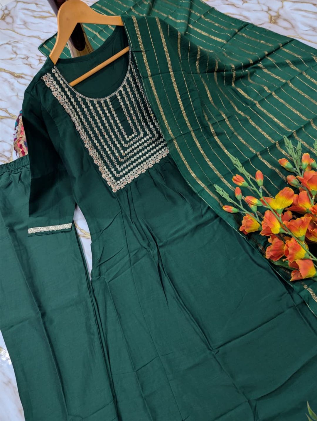 Emerald Green Embroidered Viscose Silk Kurti Set Online
