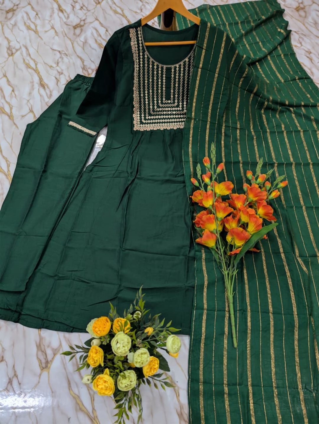 Emerald Green Embroidered Viscose Silk Kurti Set Online
