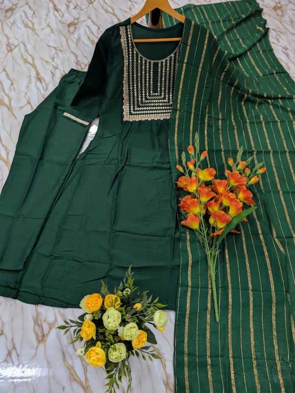 Emerald Green Embroidered Viscose Silk Kurti Set Online