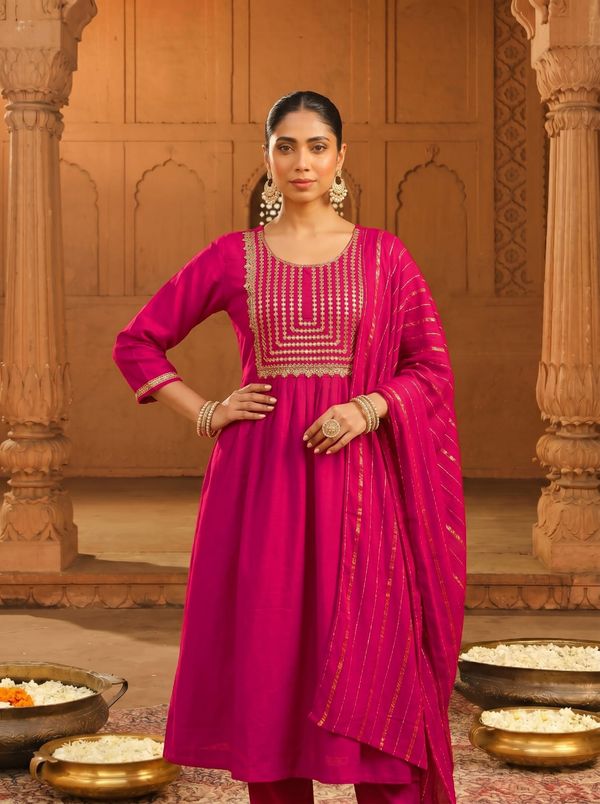 Rani Pink Embroidered Viscose Silk Kurti Set Online