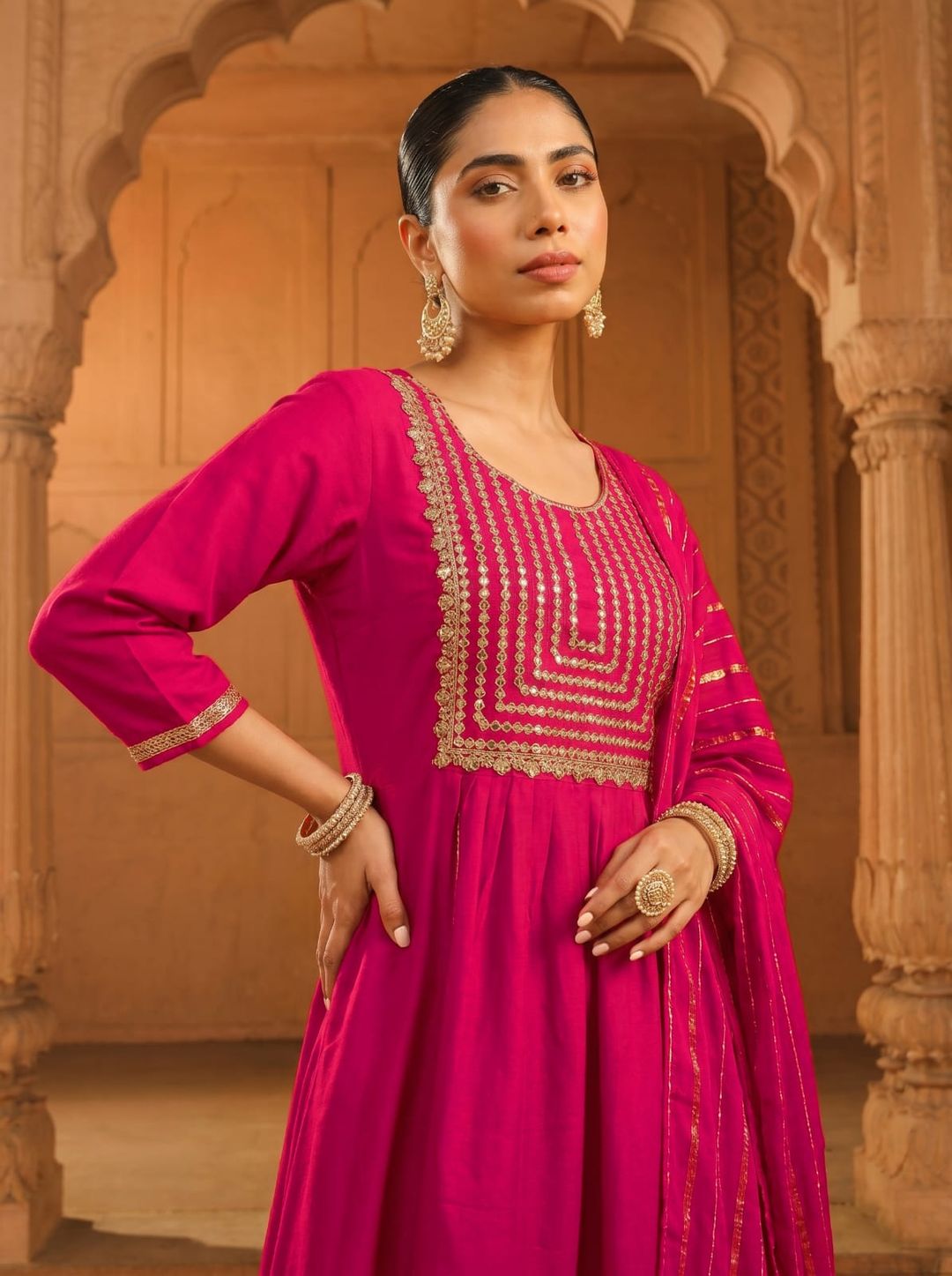 Rani Pink Embroidered Viscose Silk Kurti Set Online