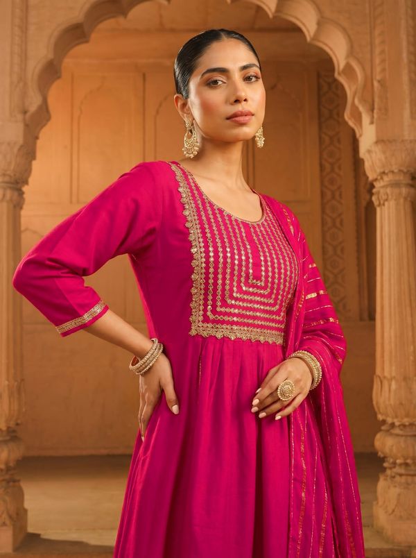Rani Pink Embroidered Viscose Silk Kurti Set Online