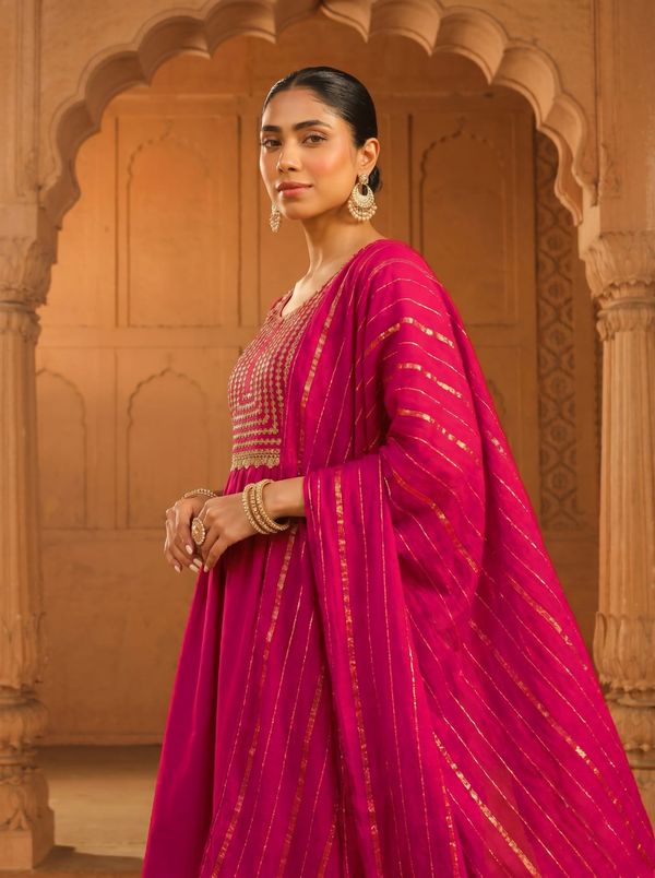 Rani Pink Embroidered Viscose Silk Kurti Set Online
