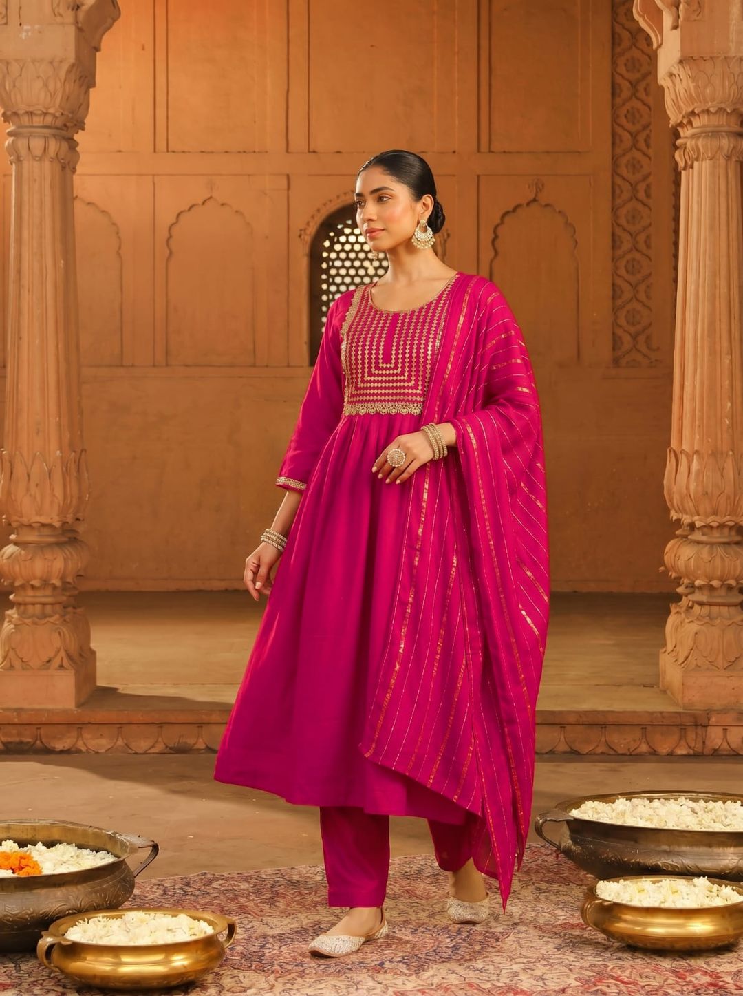 Rani Pink Embroidered Viscose Silk Kurti Set Online