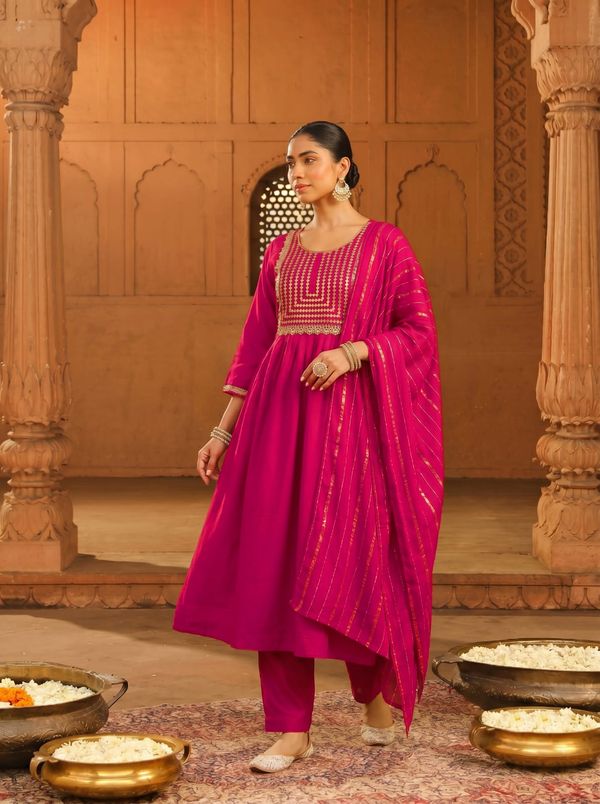 Rani Pink Embroidered Viscose Silk Kurti Set Online