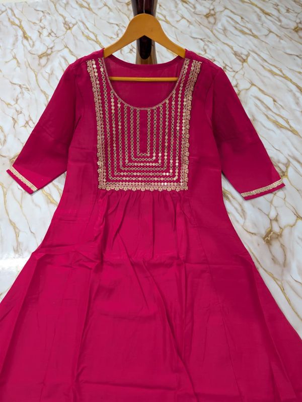 Rani Pink Embroidered Viscose Silk Kurti Set Online
