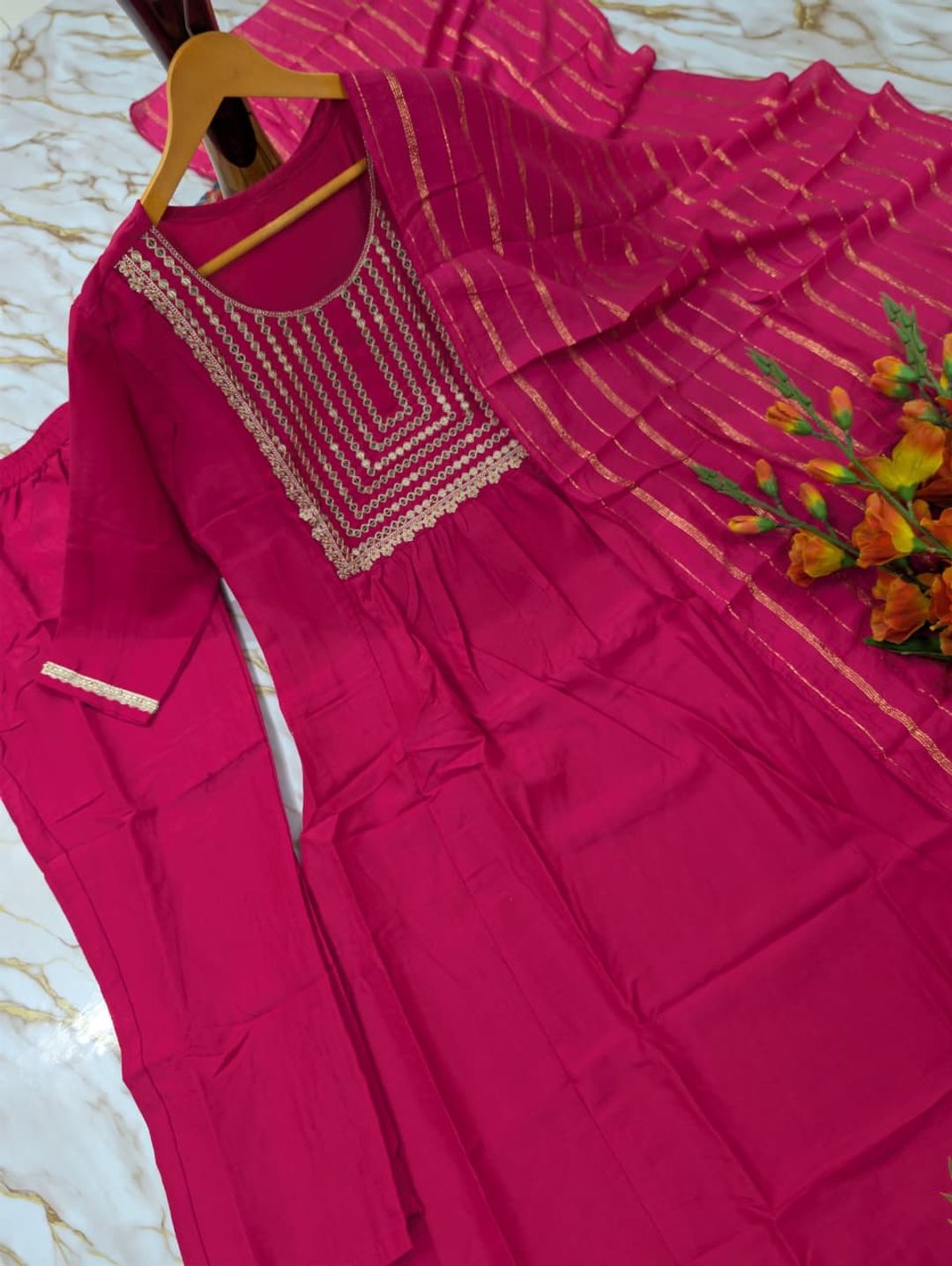 Rani Pink Embroidered Viscose Silk Kurti Set Online