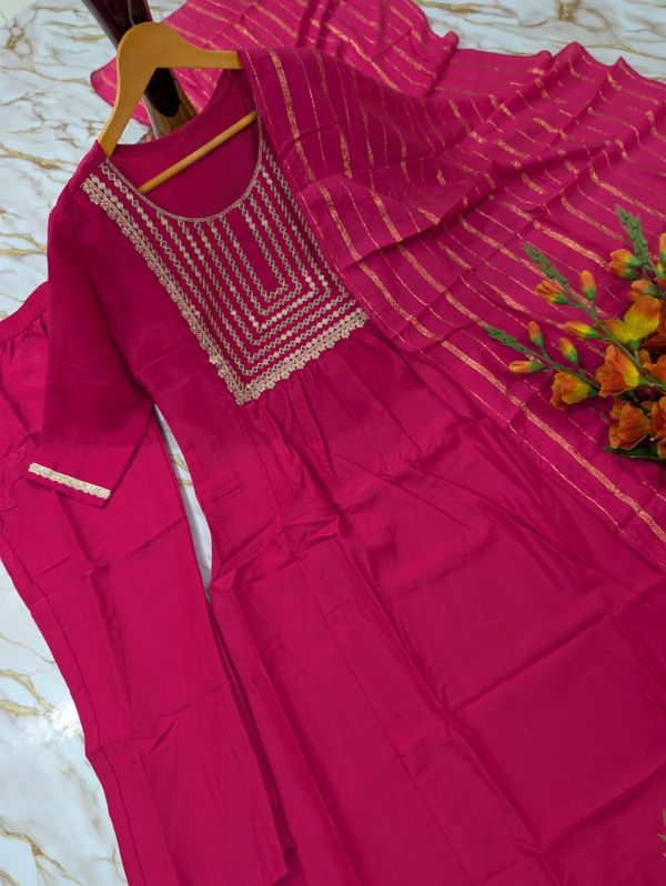 Rani Pink Embroidered Viscose Silk Kurti Set Online
