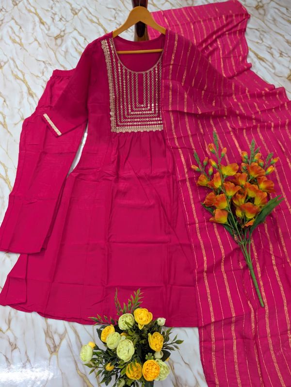 Rani Pink Embroidered Viscose Silk Kurti Set Online