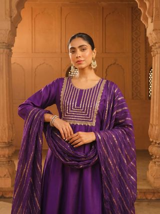 Royal Purple Embroidered Viscose Silk Kurti Set Online
