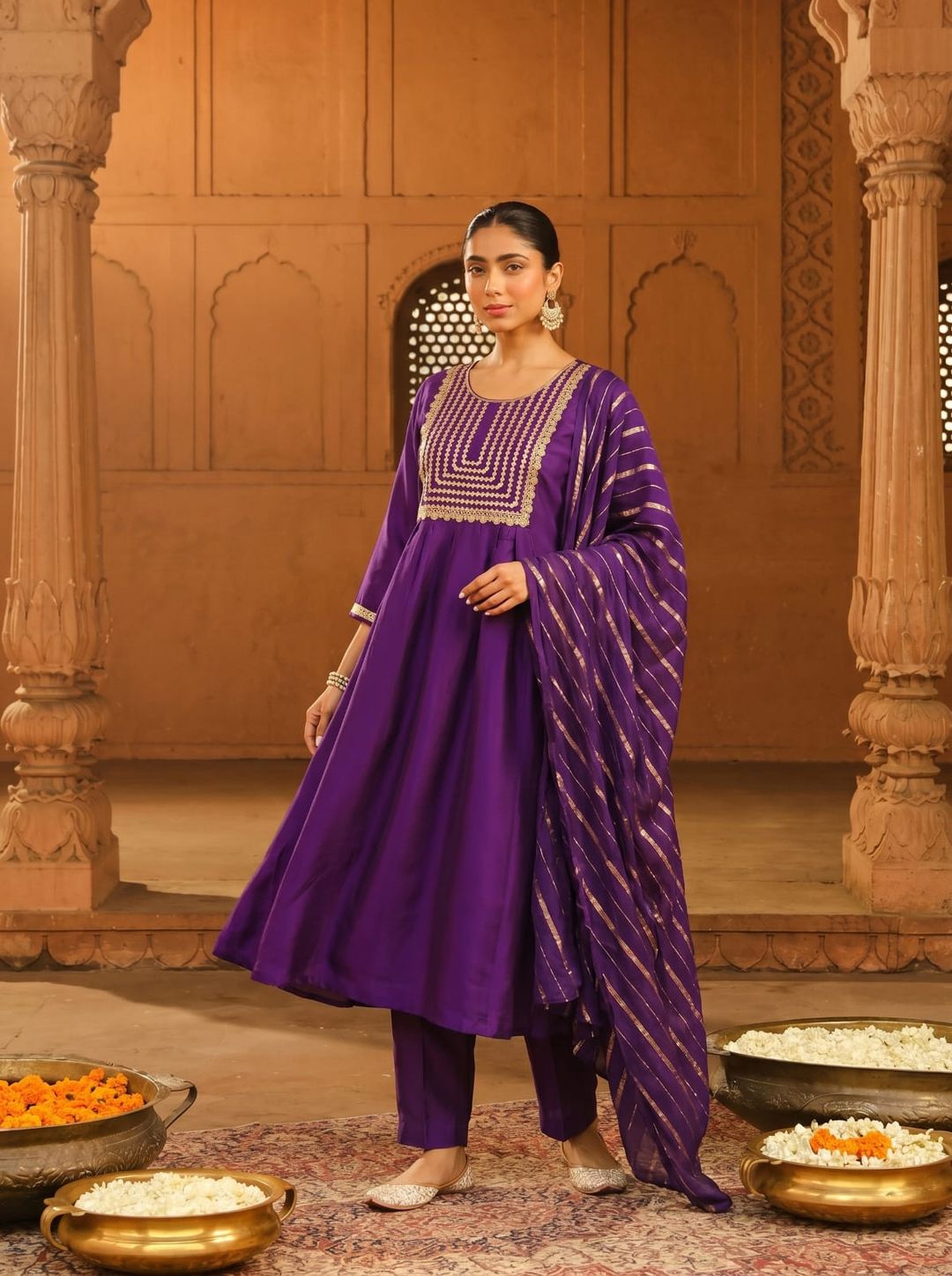 Royal Purple Embroidered Viscose Silk Kurti Set Online