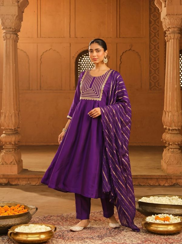 Royal Purple Embroidered Viscose Silk Kurti Set Online
