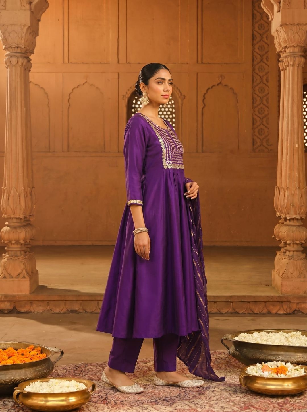 Royal Purple Embroidered Viscose Silk Kurti Set Online