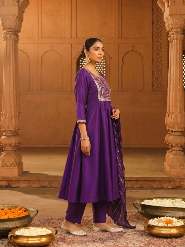 Royal Purple Embroidered Viscose Silk Kurti Set Online