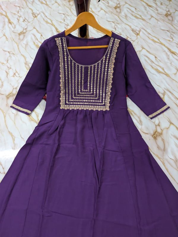 Royal Purple Embroidered Viscose Silk Kurti Set Online