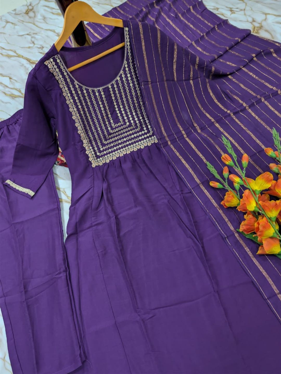 Royal Purple Embroidered Viscose Silk Kurti Set Online