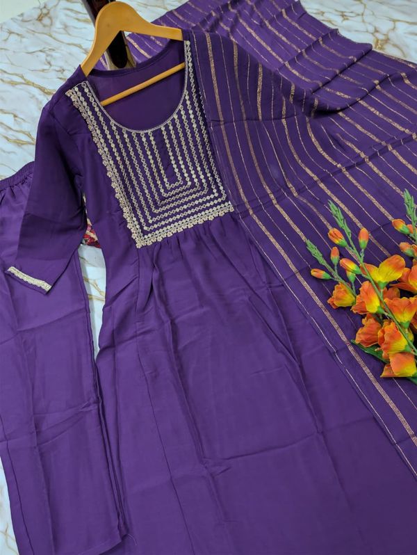 Royal Purple Embroidered Viscose Silk Kurti Set Online