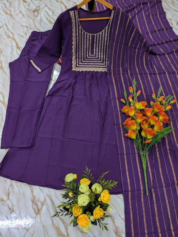 Royal Purple Embroidered Viscose Silk Kurti Set Online