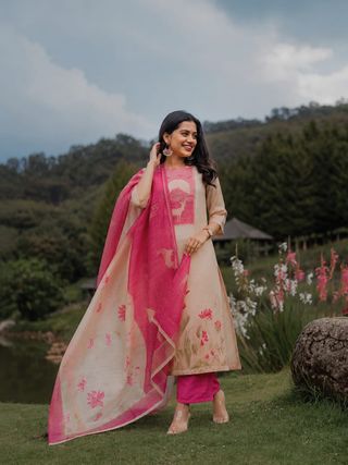 Buy Beige Pink Printed Zarna Silk Kurti Set Online
