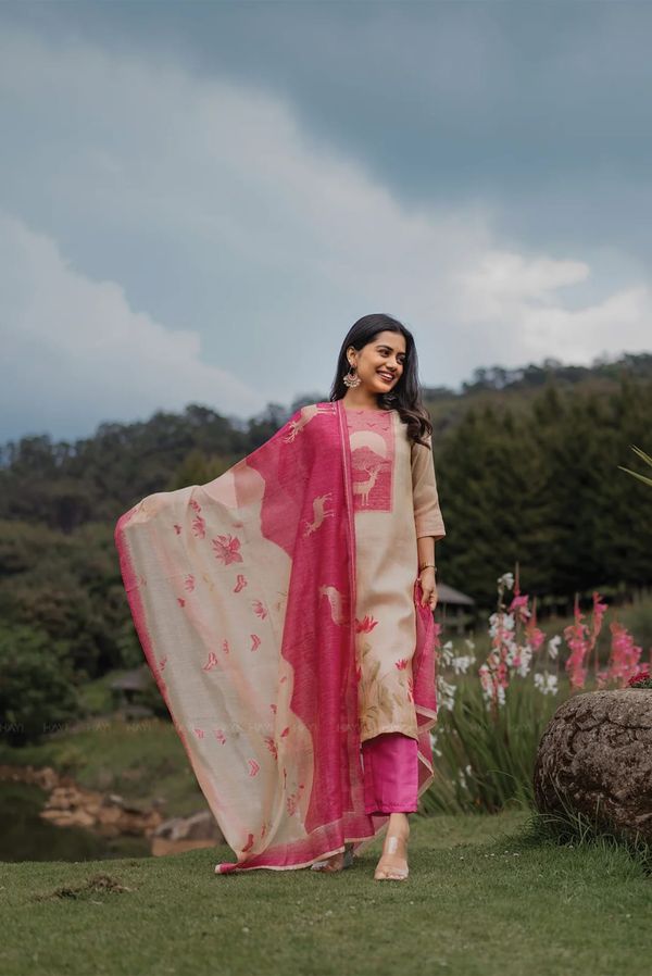 Buy Beige Pink Printed Zarna Silk Kurti Set Online