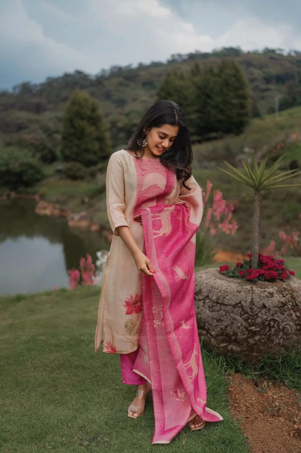 Buy Beige Pink Printed Zarna Silk Kurti Set Online