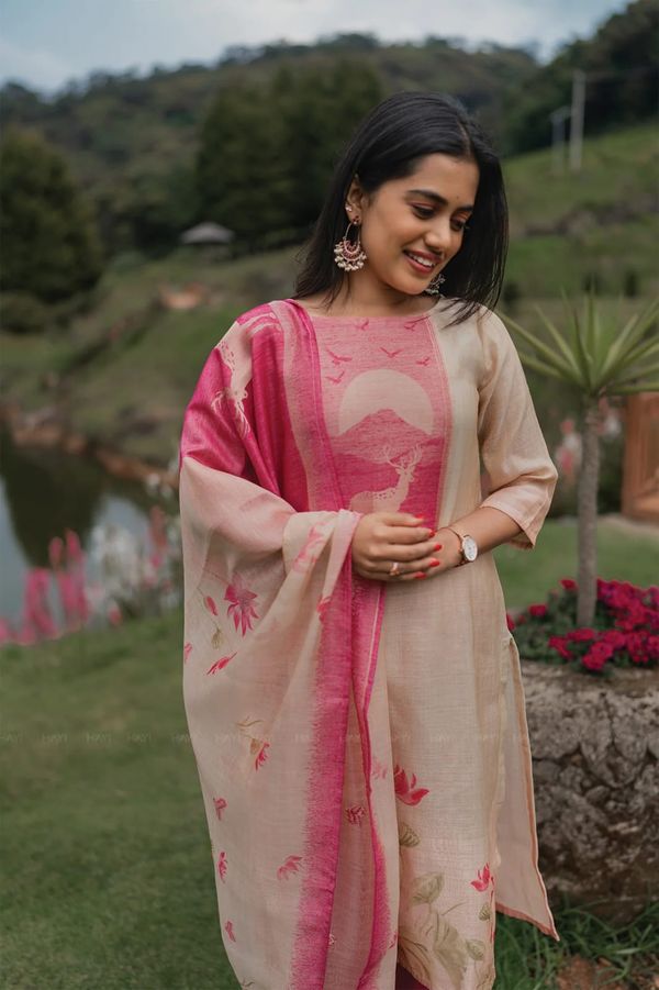 Buy Beige Pink Printed Zarna Silk Kurti Set Online