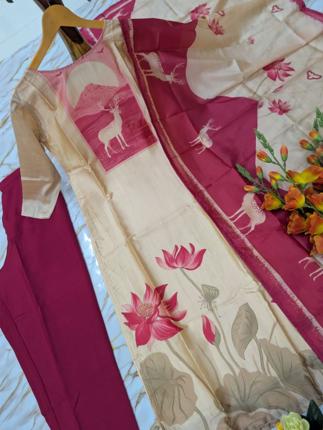 Buy Beige Pink Printed Zarna Silk Kurti Set Online