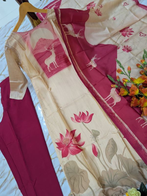 Buy Beige Pink Printed Zarna Silk Kurti Set Online