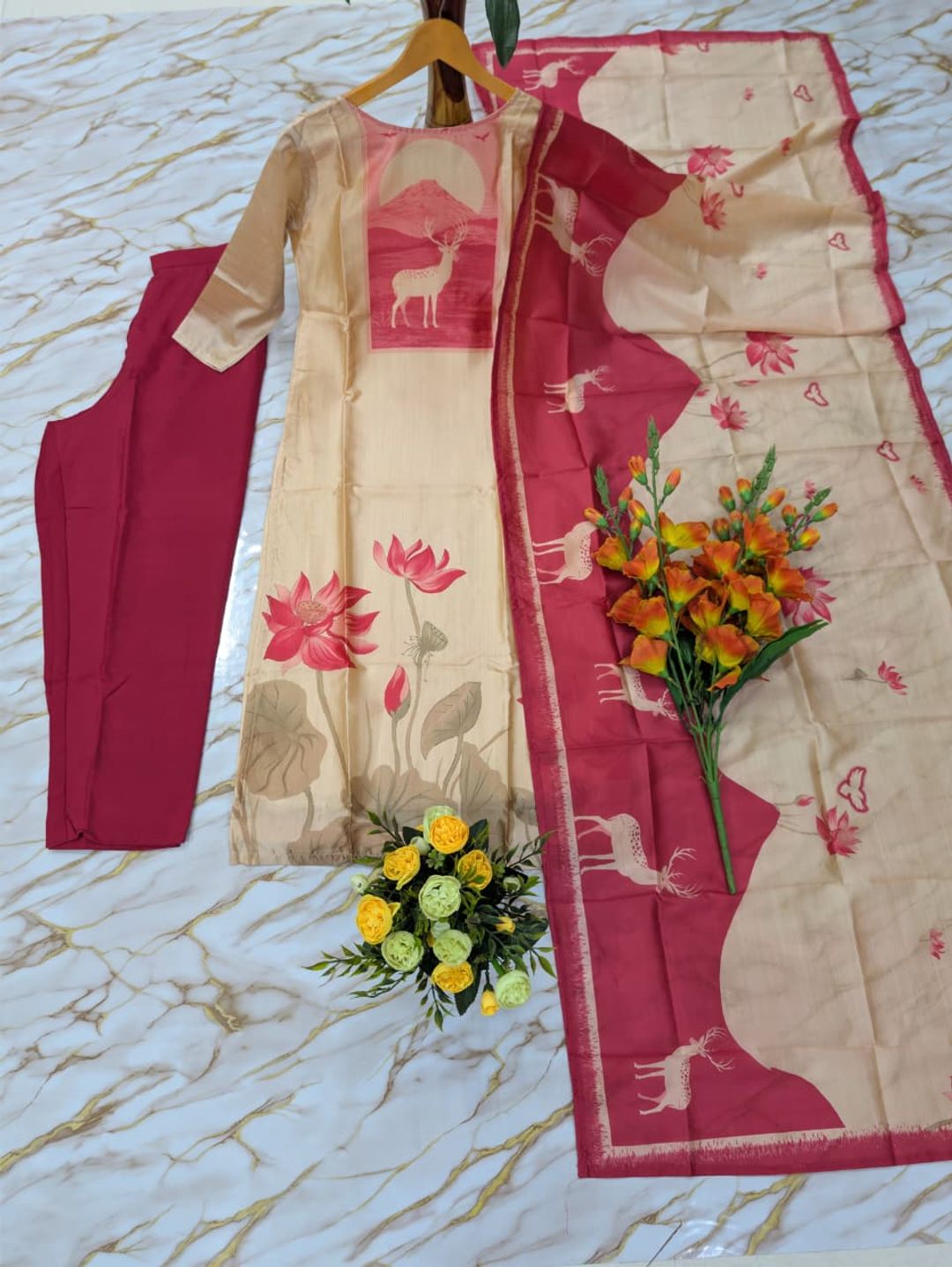 Buy Beige Pink Printed Zarna Silk Kurti Set Online