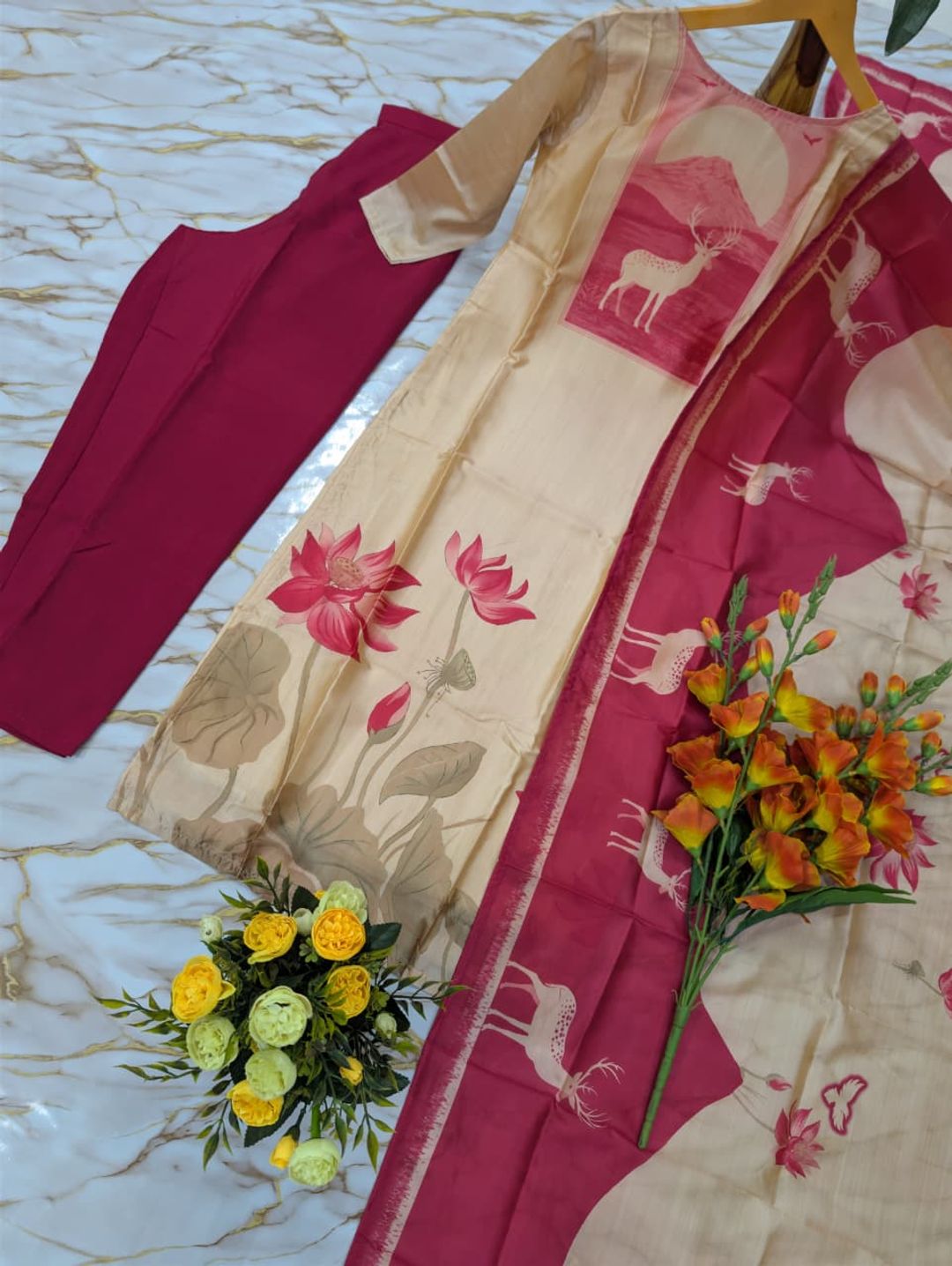 Buy Beige Pink Printed Zarna Silk Kurti Set Online