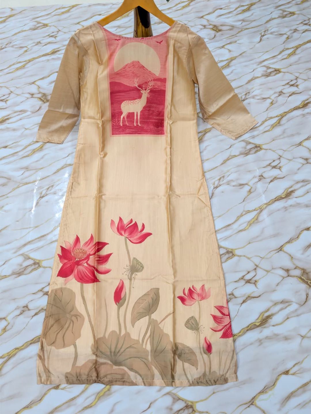 Buy Beige Pink Printed Zarna Silk Kurti Set Online