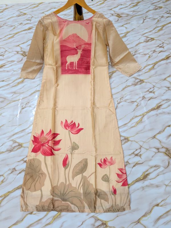 Buy Beige Pink Printed Zarna Silk Kurti Set Online